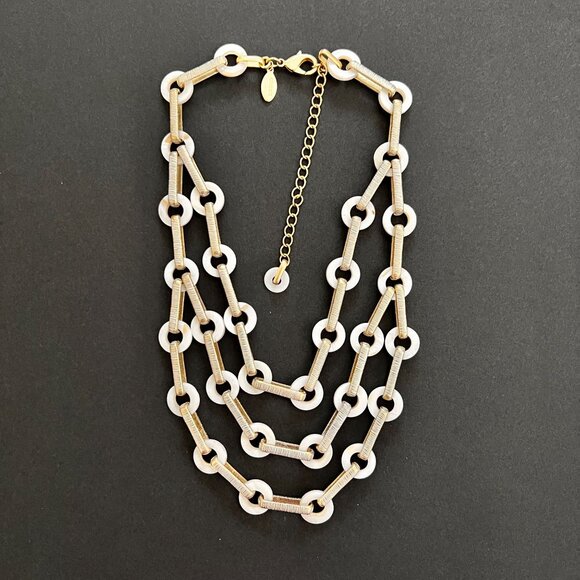 Chico's Mother of Pearl Multi-strand Gold Textured Link Statement Necklace - Picture 4 of 12